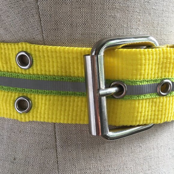Bright Yellow and Green Striped Nylon Belt with Silver Buckle Size L - Picture 3 of 4